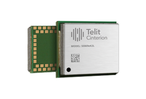 A Telit Cinterion SE868K3L electronic module with a metallic casing and visible circuit board contacts on a white background.