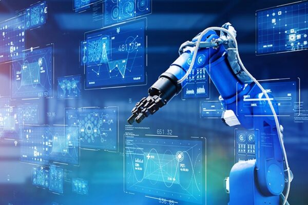 A robotic arm operates in front of multiple digital screens displaying data, graphs, and charts, suggesting advanced automation and industrial technology with NVIDIA VSS Blueprint.