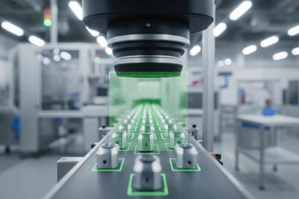 A robotic vision system inspects items on a conveyor belt in an automated factory with green digital overlays indicating analysis.