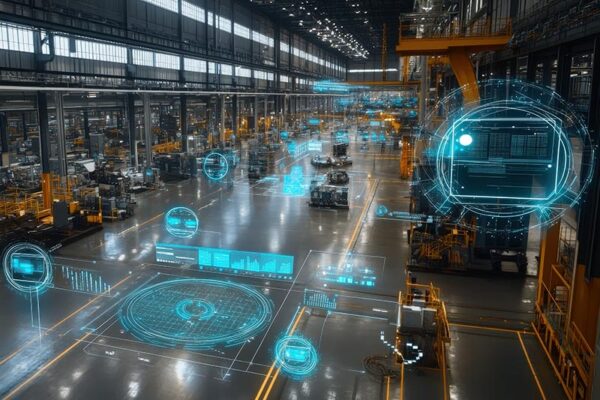 A modern factory floor with advanced machinery, digital interfaces, and holographic data displays representing NVIDIA VSS Blueprint used industrial automation and smart manufacturing technology.