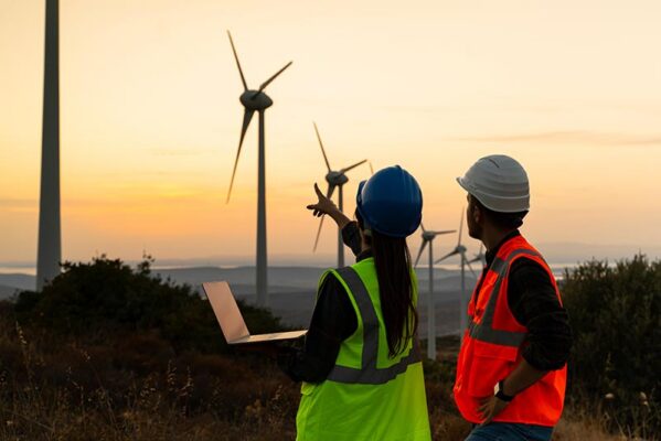 Two workers in safety vests and helmets observe wind turbines at sunset; one holds a laptop and points toward the turbines.