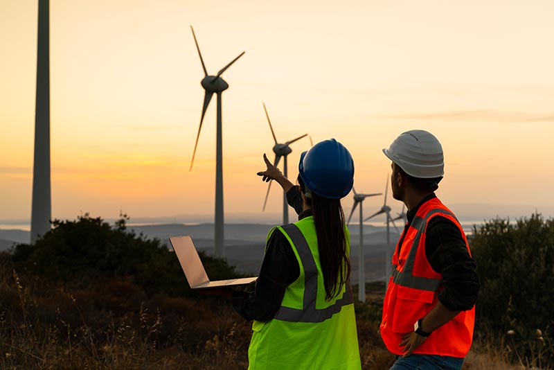 Two workers in safety vests and helmets observe wind turbines at sunset; one holds a laptop and points toward the turbines.