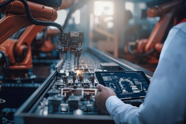 A person uses a tablet to monitor robotic arms assembling components on an automated factory production line, suggesting the inclusion of AI in IoT product development.