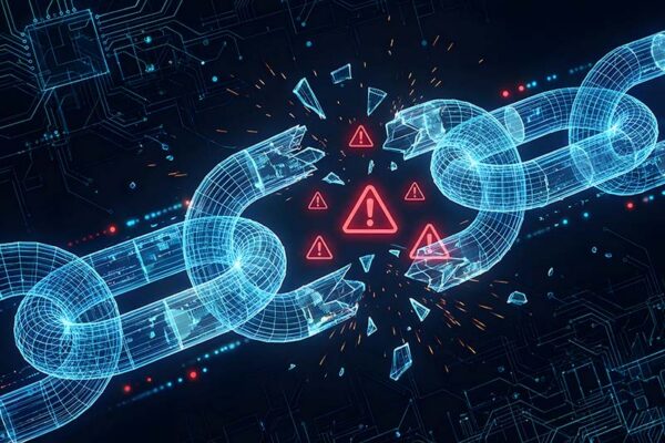 A digital chain breaks in the center, with red warning symbols and shards indicating a cybersecurity breach or system vulnerability.