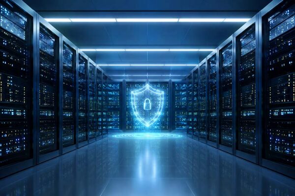A secure server room with rows of servers and a glowing digital shield with a padlock symbol in the center representing CRA vulnerability monitoring.