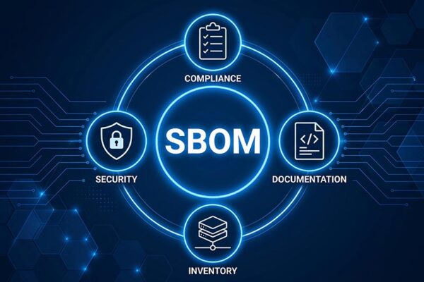 Diagram titled "SBOM" with four surrounding icons labeled Compliance, Documentation, Inventory, and Security, connected by lines, on a dark blue tech-themed background.