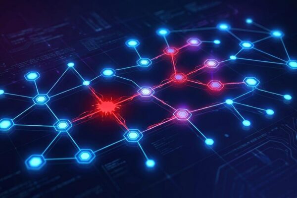 Digital illustration of a network with interconnected blue nodes, purple nodes, and one highlighted red node, representing the CRA vulnerability reporting disclosure process.