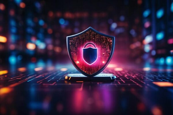 A digital shield with a padlock icon glows on a circuit-like surface, symbolizing cybersecurity and data protection in a high-tech environment.