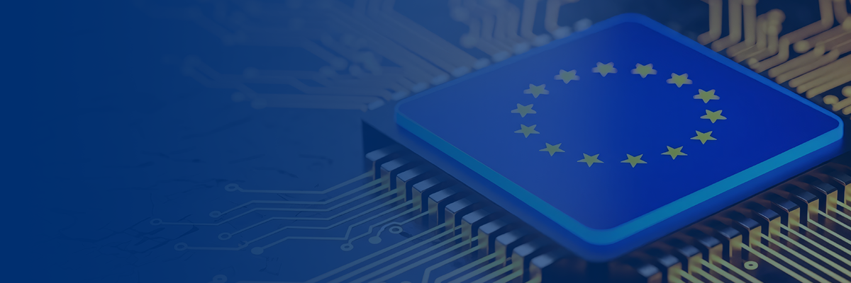 A computer chip with the European Union flag design rests on a circuit board, representing technology or digital infrastructure in Europe.