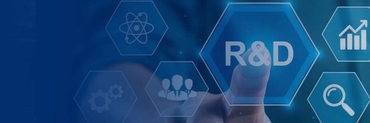 A person points to a hexagonal icon labeled "R&D" on a digital interface, surrounded by icons representing science, business, and data analysis.