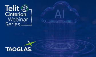 A cloud with “AI” above digital rings, Telit Cinterion Webinar Series text, and Taoglas logo, on a blue background.