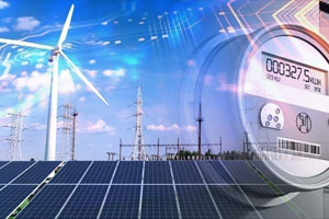 Wind turbine, solar panels, and power lines with a superimposed digital electricity meter, representing renewable energy and smart grid technology under a blue sky.