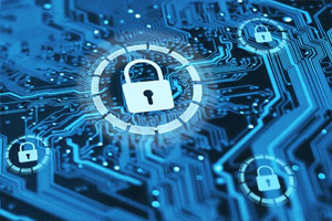 Illustration of digital circuit board with padlock icons representing cybersecurity and data protection.