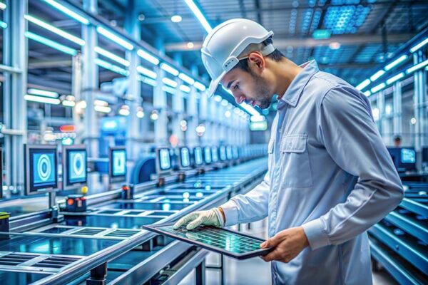 A worker in a lab coat and hard hat inspects a tablet in a modern, brightly lit factory with monitors and conveyor belts.