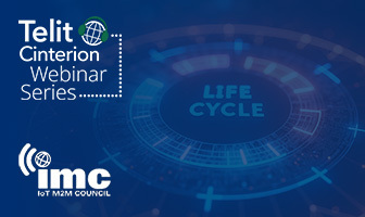 Blue graphic with “Telit Cinterion Webinar Series,” “imc IoT M2M Council” logos, and a circular digital diagram labeled “LIFE CYCLE.”.