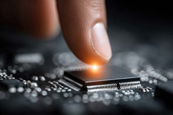 A human finger touches a computer chip on a circuit board, creating a glowing point of light.