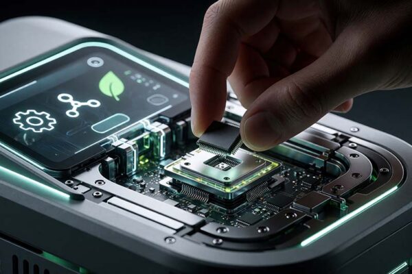 A hand placing a computer chip onto a circuit board with a glowing digital interface nearby.