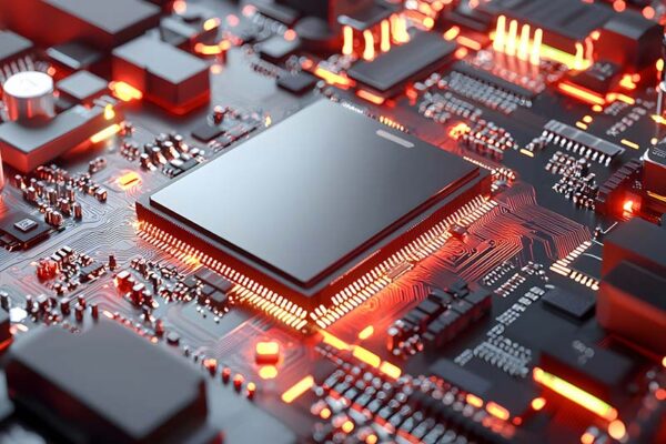A central computer processor chip on a circuit board with glowing orange light patterns.