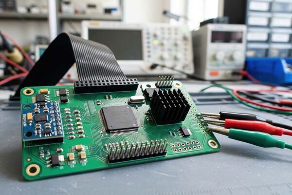 A green printed circuit board with an attached ribbon cable and probe clips connected to its pins, resting on a workbench.